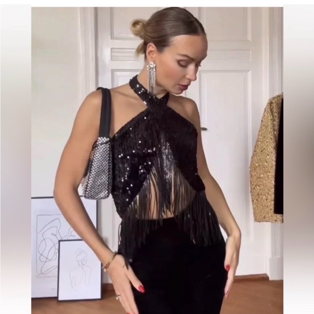 Zara blogger favorite velvet fringe sequence halter Black Women's Jumpsuit